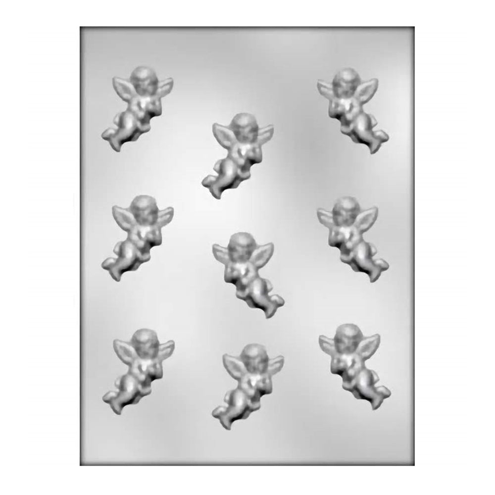 Chocolate mold featuring eight cavities, each designed as a small, detailed cherub with wings, intended for creating adorable cupid-shaped chocolates, perfect for Valentine's Day or romantic occasions.
