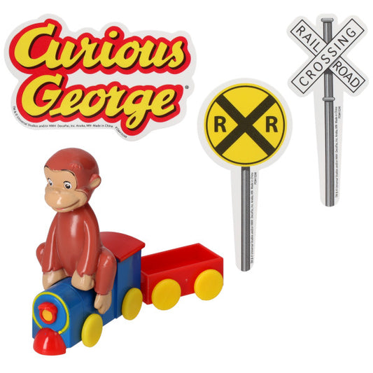 Curious George Riding Train Cake Topper Set with train, signs, and logo plaque displayed separately