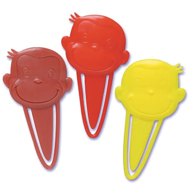 Playful cupcake picks shaped like bookmarks with 'Curious George's' face, in bright red and yellow, ideal for adding a whimsical touch to baked goods for children's parties.