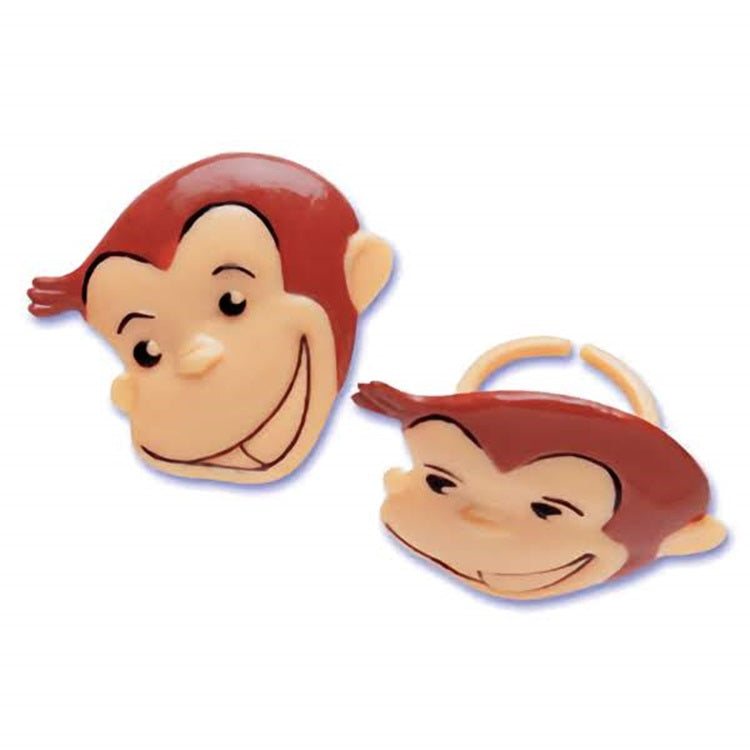 Cupcake topper rings featuring the face of Curious George, with his expressive smile and playful demeanor, ideal for kids' birthday parties or themed events.