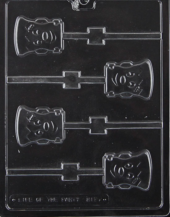 Clear plastic lollipop mold with four cavities shaped like a cute Frankenstein head, featuring stitched forehead, hair detail, and stick channels.