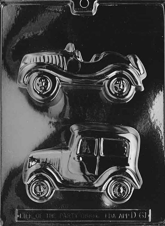 Chocolate mold featuring two views of vintage cars