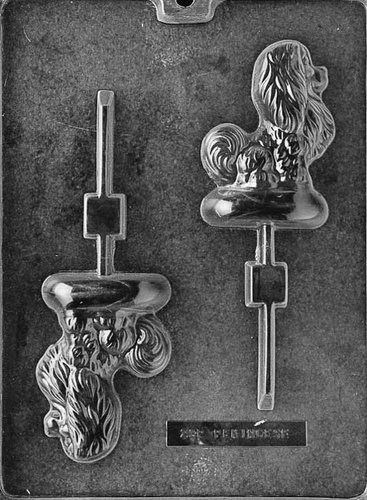 Pekingese lollipop chocolate mold showing fluffy mane and compact dog shape. Mold includes stick cavity.