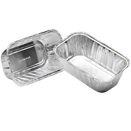 Durable 1 lb. aluminum loaf pan with a full curl rim, ideal for baking and food storage.