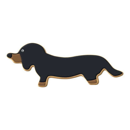 Decorated Dachshund cookie with black icing and brown accents for a realistic long-bodied dog design.