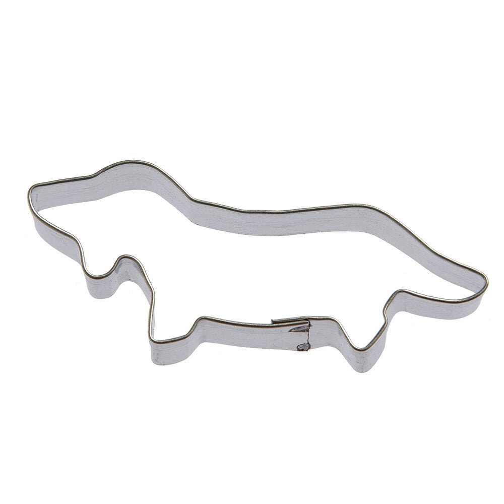 Tinplate steel cookie cutter in the shape of a Dachshund dog.