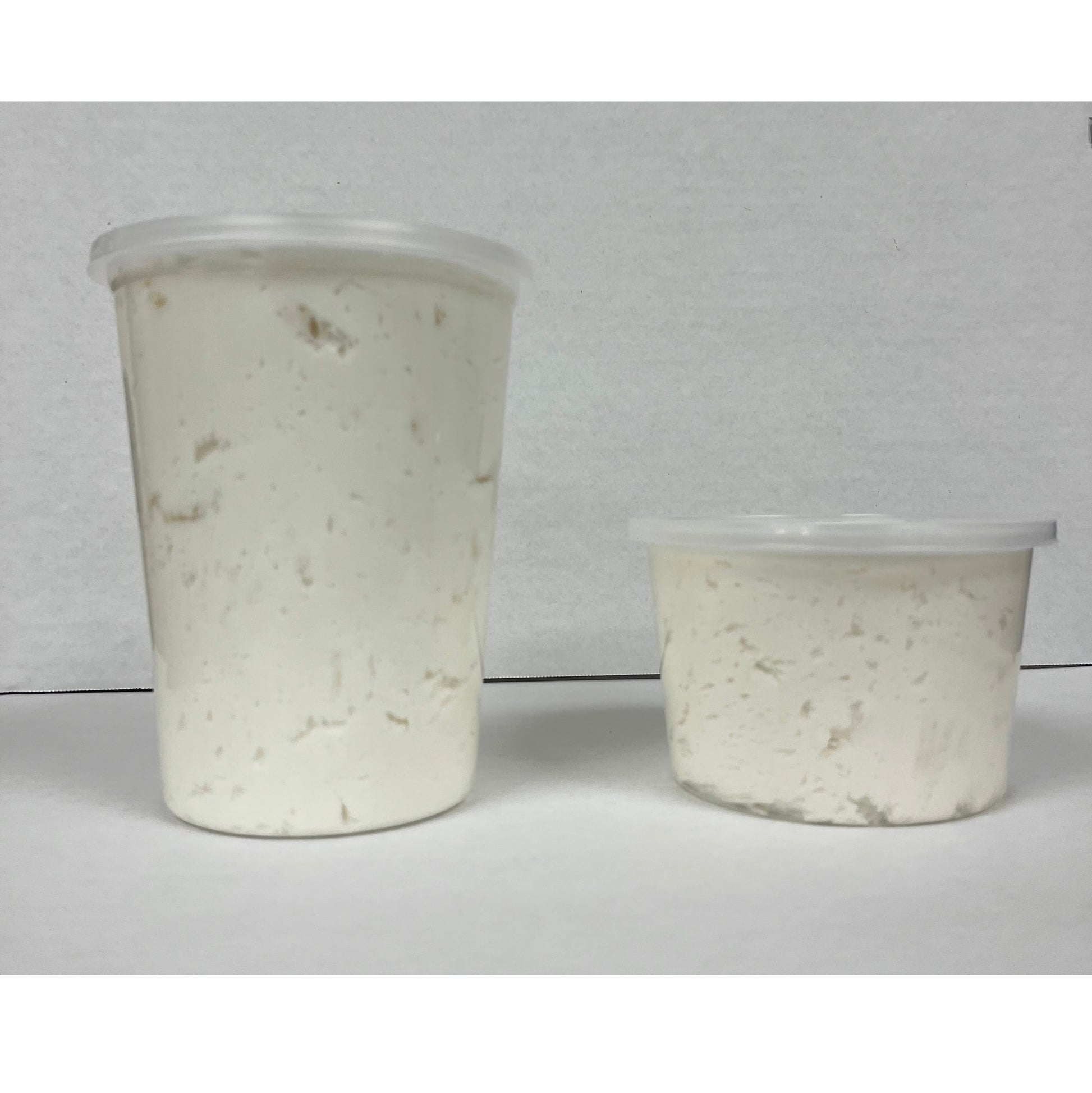 Two containers of dairy-free buttercream-style frosting, with the left container being larger and taller than the smaller, shorter one on the right. Both transparent plastic containers have white lids and are filled with a creamy, white frosting. The frosting appears fluffy and light, with visible air bubbles throughout, giving it a whipped consistency. The clean presentation emphasizes the product's texture and dairy-free attribute, appealing to those seeking alternative frosting options.