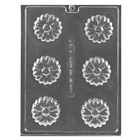 Chocolate or cookie mold with four large daisy shapes, featuring detailed petals and textured centers, great for spring-themed parties and baking crafts.
