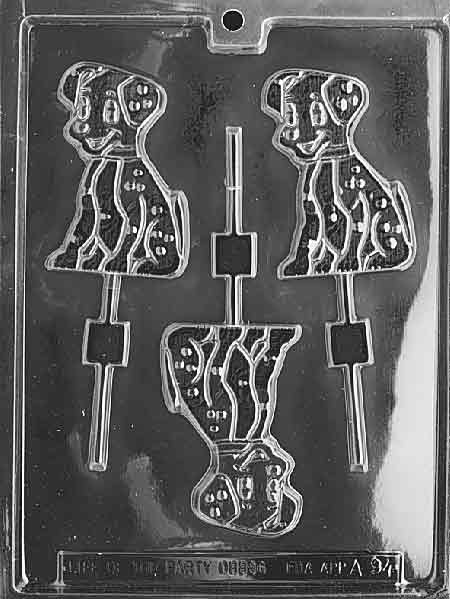 Plastic candy mold with three lollipop cavities shaped like smiling Dalmatians with detailed spots and ears, designed for making chocolate or candy pops.