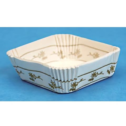 Square 2-inch Danish pastry baking cup with floral print design and pleated sides, displayed on a blue background.