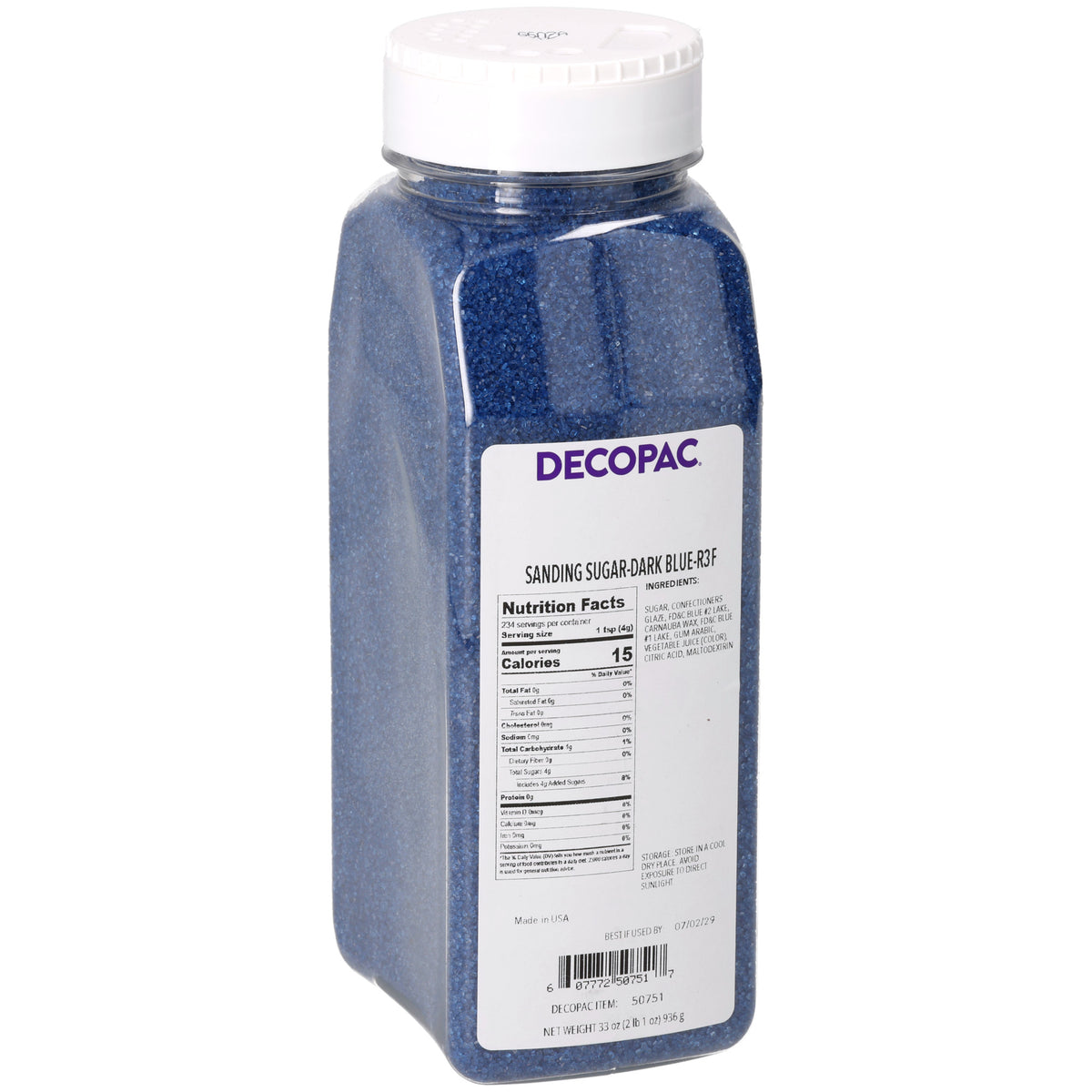 DecoPac Dark Blue Sanding Sugar in a 33 oz clear plastic shaker container with white screw-on lid, filled with deep blue sugar crystals and labeled item #50751.