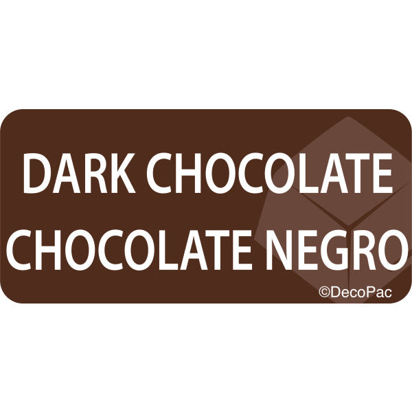 Dark chocolate cake label with bilingual English and Spanish text and a chocolate square graphic, perfect for bakery display signage.
