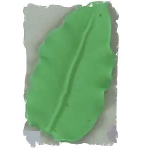 A single green royal icing rose leaf with a pronounced central vein, presented on a rough white base. This sugarpaste decoration's vivid color and detailed texture make it a realistic addition to any botanical-themed cake design.