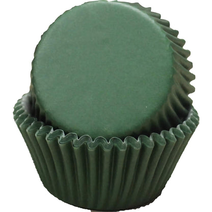 Standard-sized dark green greaseproof cupcake liners, stacked in a nesting arrangement. The dark green color and greaseproof material make these liners perfect for holiday-themed or nature-inspired cupcakes.