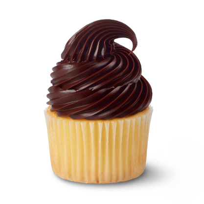 Vanilla cupcake in a pale yellow wrapper topped with a tall swirl of dark chocolate fudge frosting on a white background.