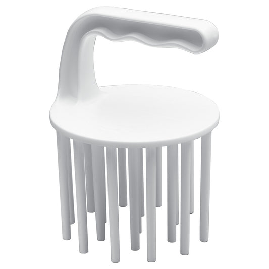 White DecoDrizzler® cake and candy decorating tool with a round top, ergonomic curved handle, and multiple long vertical prongs for creating consistent drizzle patterns.