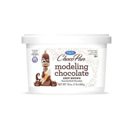 Satin Ice ChocoPan deep brown modeling chocolate tub, 16 oz, dark chocolate.