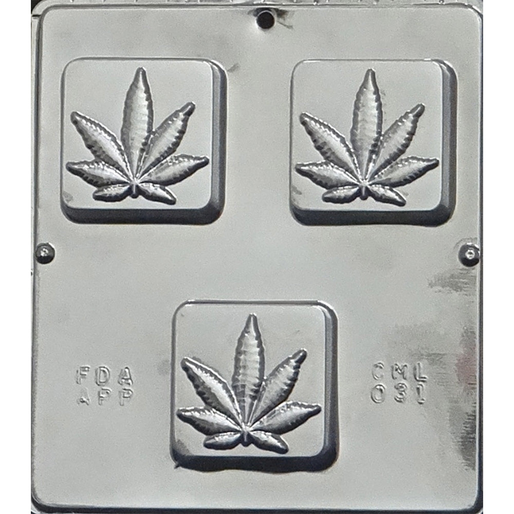 Deep Marijuana Leaf Chocolate Bar Mold with 3 rectangular cavities, each featuring a detailed marijuana leaf design, on an 8 x 9 inch mold tray.