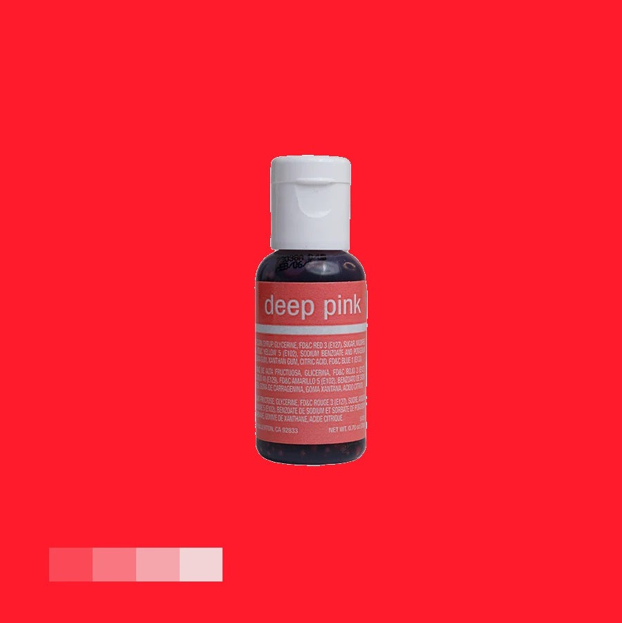 The chefmaster food coloring bottle is presented with a deep pink color gel, labeled "deep pink". It has a white cap, and the label includes white text against a background that showcases the vibrant pink color of the gel.