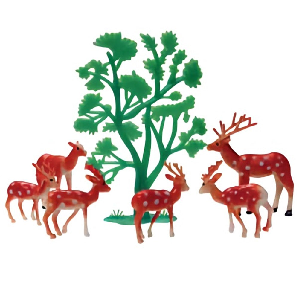 A deer family cake topper set, complete with a green tree and four deer figures in varying poses with intricate details, suitable for woodland-themed cakes and nature-inspired celebrations.