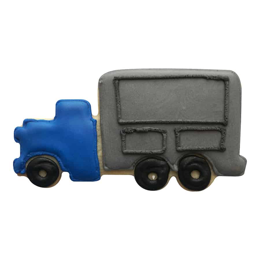 Decorated delivery truck cookie with a blue cab and gray cargo area.