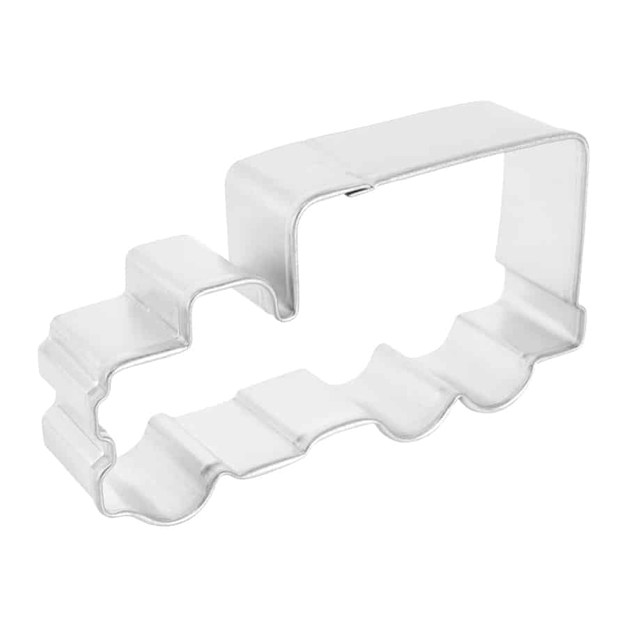 Side view of delivery truck-shaped cookie cutter with ridged edges.