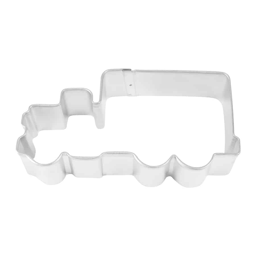 Tinplated steel delivery truck cookie cutter with detailed cab and wheels.