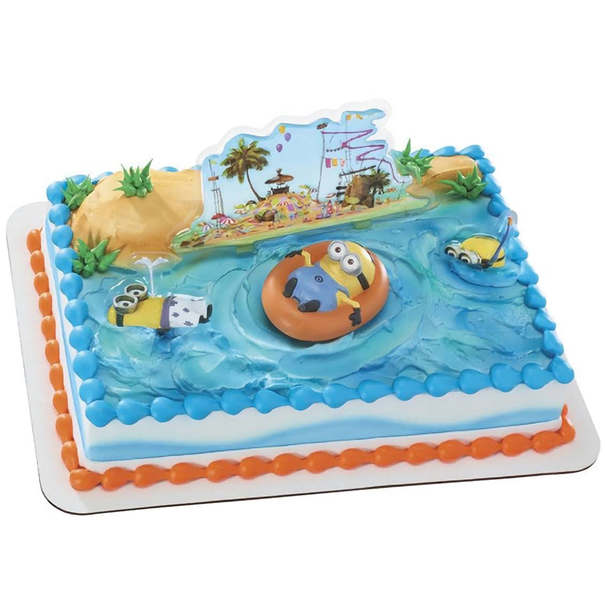 Despicable Me 2 beach party cake decorating set with Minions in a tropical scene, ideal for fun-filled kids' celebrations. Shop this playful cake set and more at Lynn's Cake, Candy, and Chocolate Supplies.