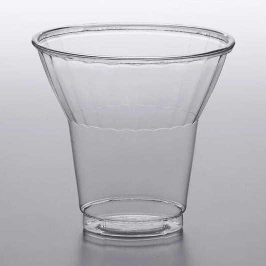 Clear 9 oz. PET plastic dessert cup with flared shape on a neutral background, ideal for parfaits and layered desserts.