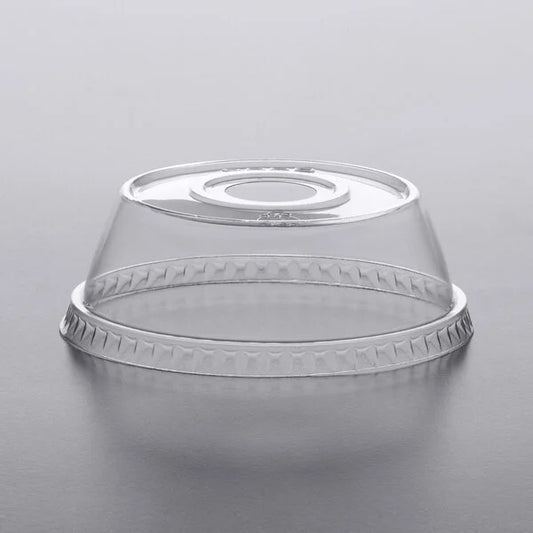 Clear dome PET plastic lid with 1 inch straw hole, compatible with 9 oz., 12 oz., and 15 oz. dessert and drink cups.