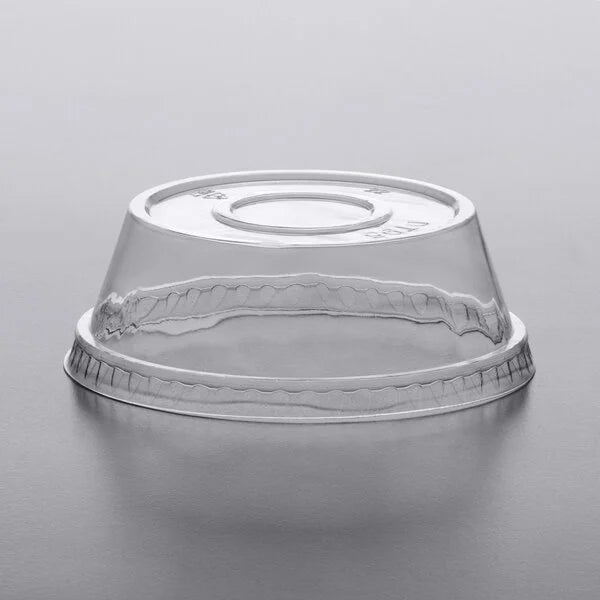 Clear dome PET plastic lid without hole, designed for use with 9 oz., 12 oz., and 15 oz. dessert parfait cups.