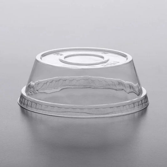 Clear dome PET plastic lid without hole, designed for use with 9 oz., 12 oz., and 15 oz. dessert parfait cups.