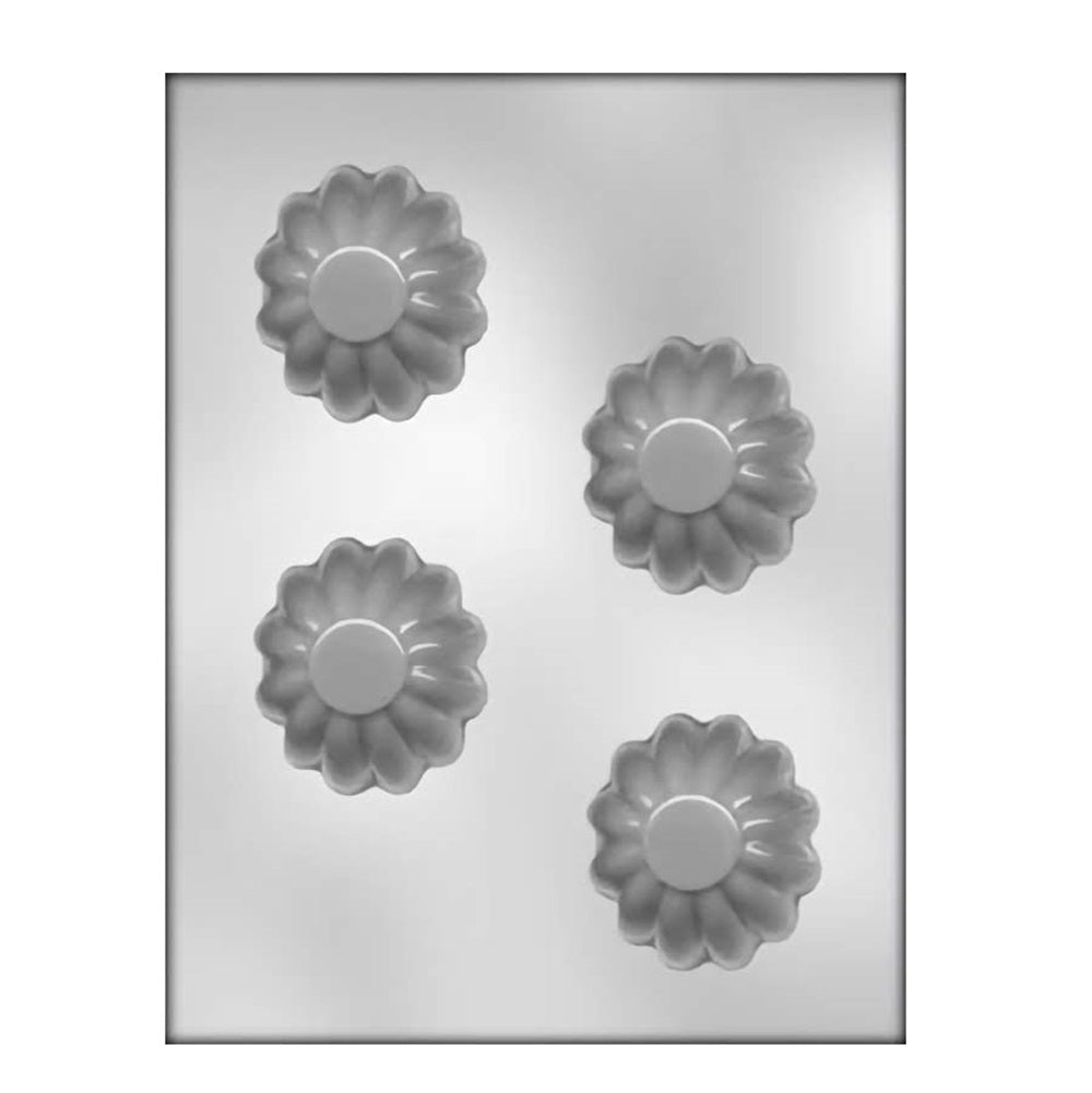 This image features a chocolate mold with four cavities, each designed to shape chocolates into a delicate dessert cup. The cavities are shaped like blooming flowers with intricate petals surrounding a central, round, shallow depression. The design of the mold will create elegant, flower-shaped dessert cups that can be filled with various sweets or used as a decorative chocolate piece for embellishing cakes or serving as part of a dessert plate.