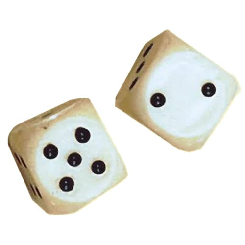 Pair of large dice cake toppers, resembling real dice with dots for numbers, ready to roll on top of your festive cake. A playful addition for a game night or Las Vegas-themed party, these dice are available at Lynn's Cake, Candy, and Chocolate Supplies.