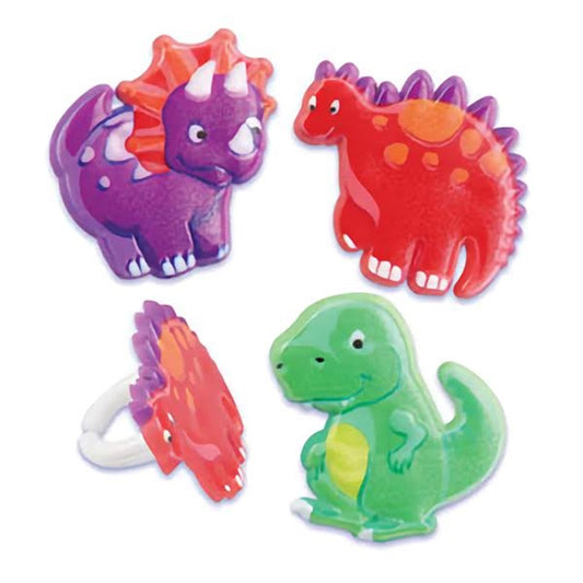 A set of colorful dinosaur cupcake topper rings, featuring vibrant purple, red, and green dinosaurs, adding a playful and prehistoric touch to cupcakes for themed events or children's parties.