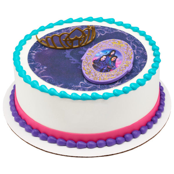 A bold and regal cake topped with the gold tiara and locket from Disney Descendants 3.