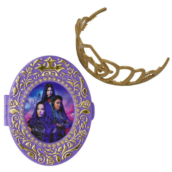 A purple and gold locket featuring Mal, Evie, and Uma, along with a gold tiara.