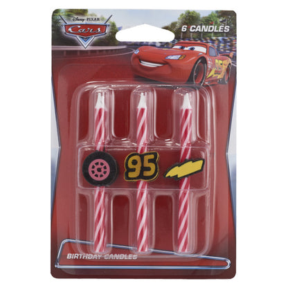 Disney Pixar Cars birthday candle set with red and white spiral candles topped with Lightning McQueen icons: 95, tire, and lightning bolt in retail packaging.