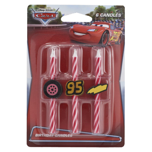 Disney Pixar Cars birthday candle set with red and white spiral candles topped with Lightning McQueen icons: 95, tire, and lightning bolt in retail packaging.