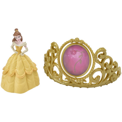 Disney Belle cake topper set featuring a Belle figurine and a golden tiara background with a spinning enchanted rose jewel.