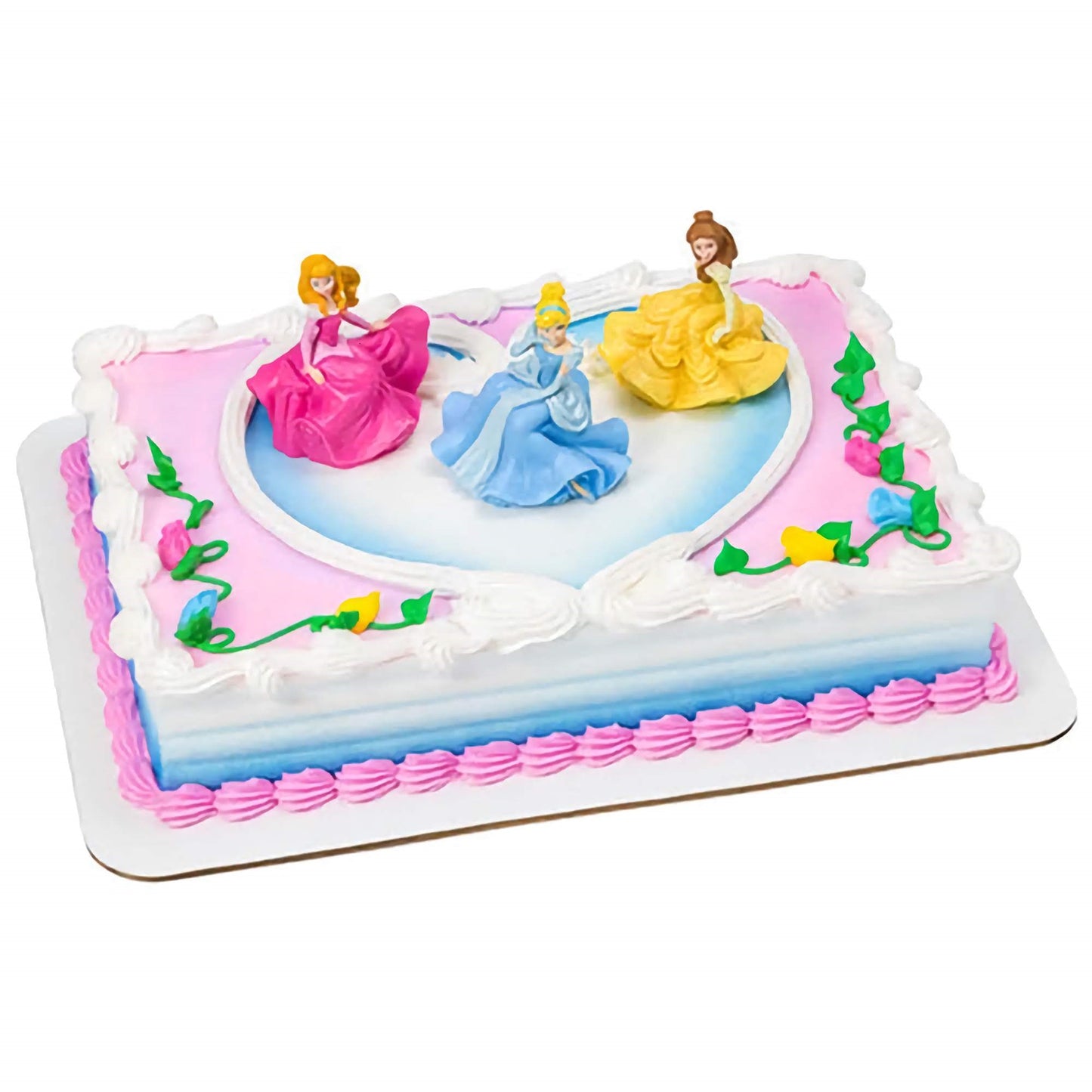 Decorative cake kit with three classic Disney Princess figurines in dancing poses, surrounded by colorful icing details, for a magical birthday cake from Lynn's Cake, Candy, and Chocolate Supplies.