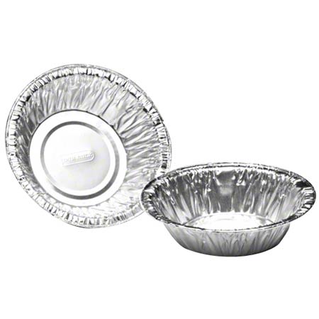 Two silver 5 inch disposable foil tart pans shown top-down and side angle, with shiny ribbed walls and full curl rims; 4 7/8 in top, 1 1/4 in deep, 5.7 fl oz capacity.