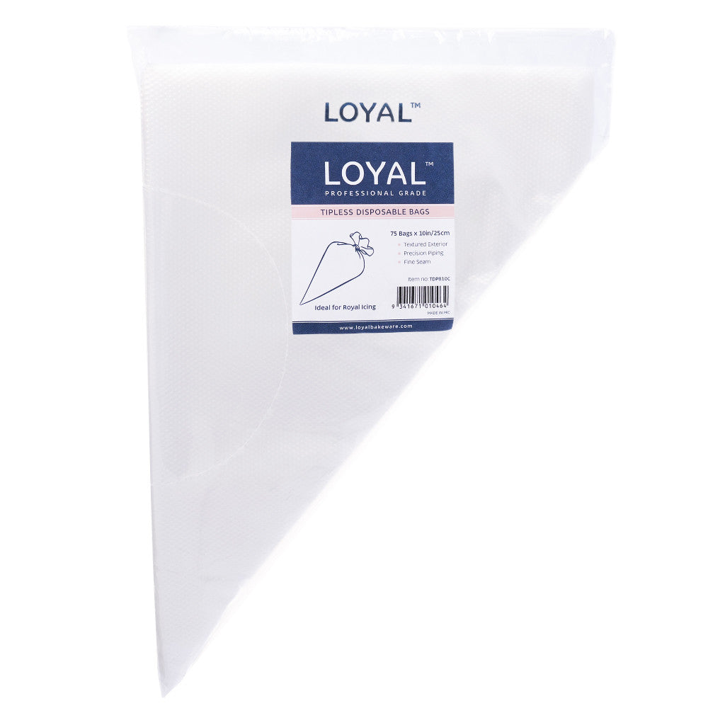 Clear Loyal professional grade disposable tipless pastry bags in retail sleeve, showing textured piping bag surface and label indicating 75 count 10-inch bags.