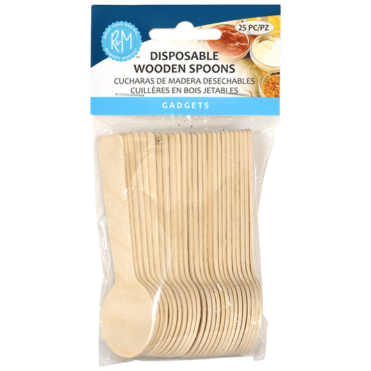 Pack of 25 disposable wooden spoons, ideal for tastings and charcuterie boards.