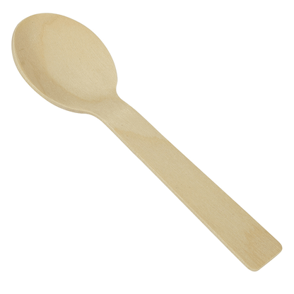 Single wooden spoon made of birch wood, measuring 4 inches long, perfect for sampling condiments and desserts.