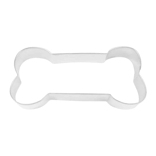 Overhead view of a dog bone-shaped metal cookie cutter on a white background, showcasing its symmetrical design.