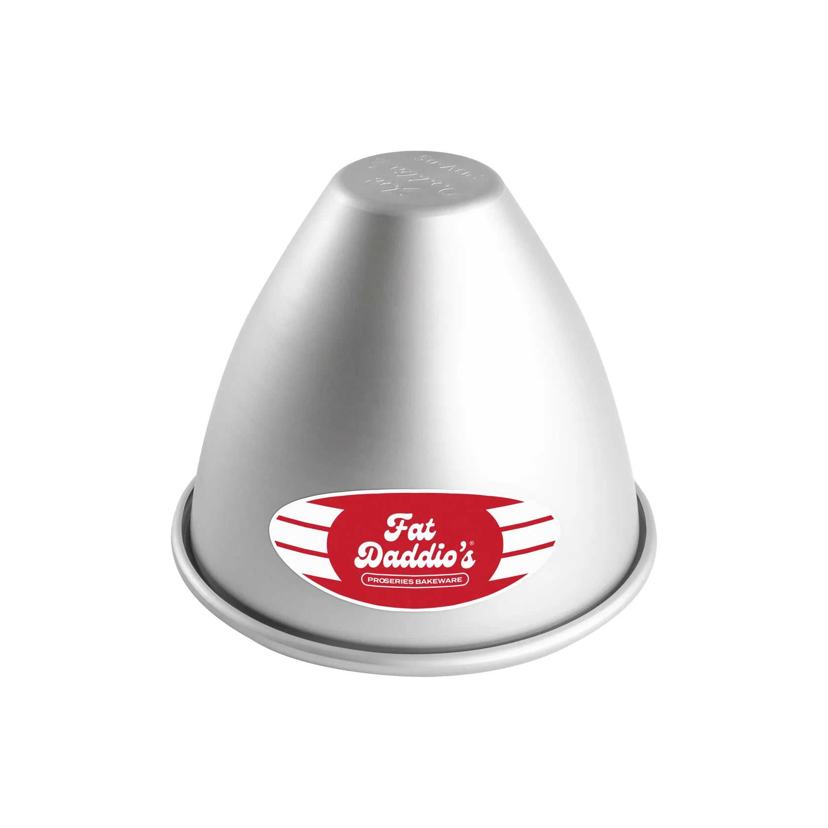 Fat Daddio’s ProSeries Dolly Varden doll cake pan in silver anodized aluminum, shown upside down with a red Fat Daddio’s logo sticker on the side.