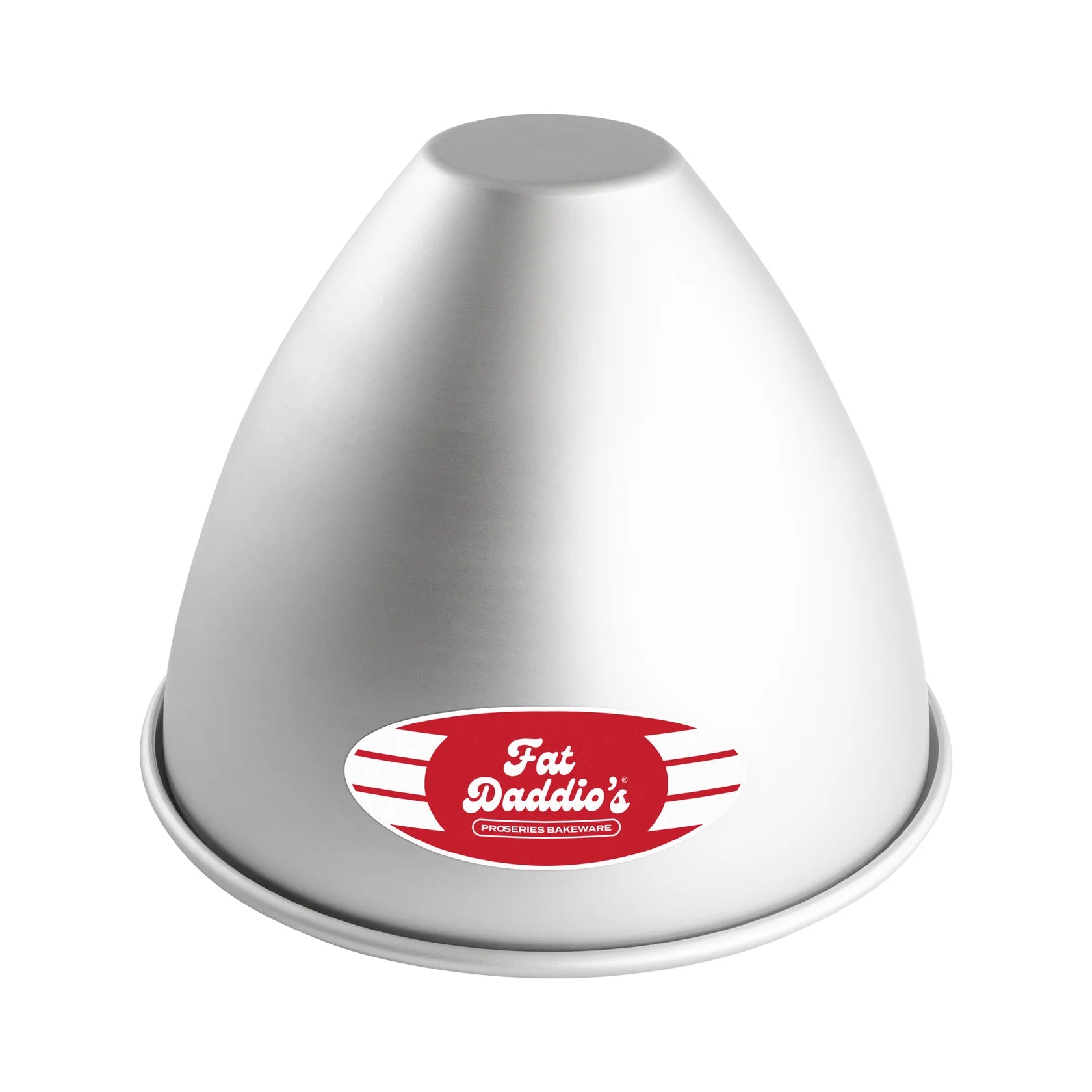 Fat Daddio’s ProSeries Dolly Varden doll cake pan in silver anodized aluminum with a red Fat Daddio’s logo sticker on the side, shown on a white background.