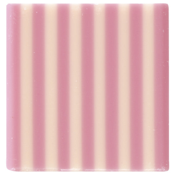 Pink and white striped chocolate square, perfect for decorating cakes, cupcakes, and pastries.