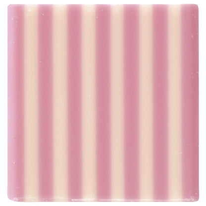 Pink and white striped chocolate square, perfect for decorating cakes, cupcakes, and pastries.